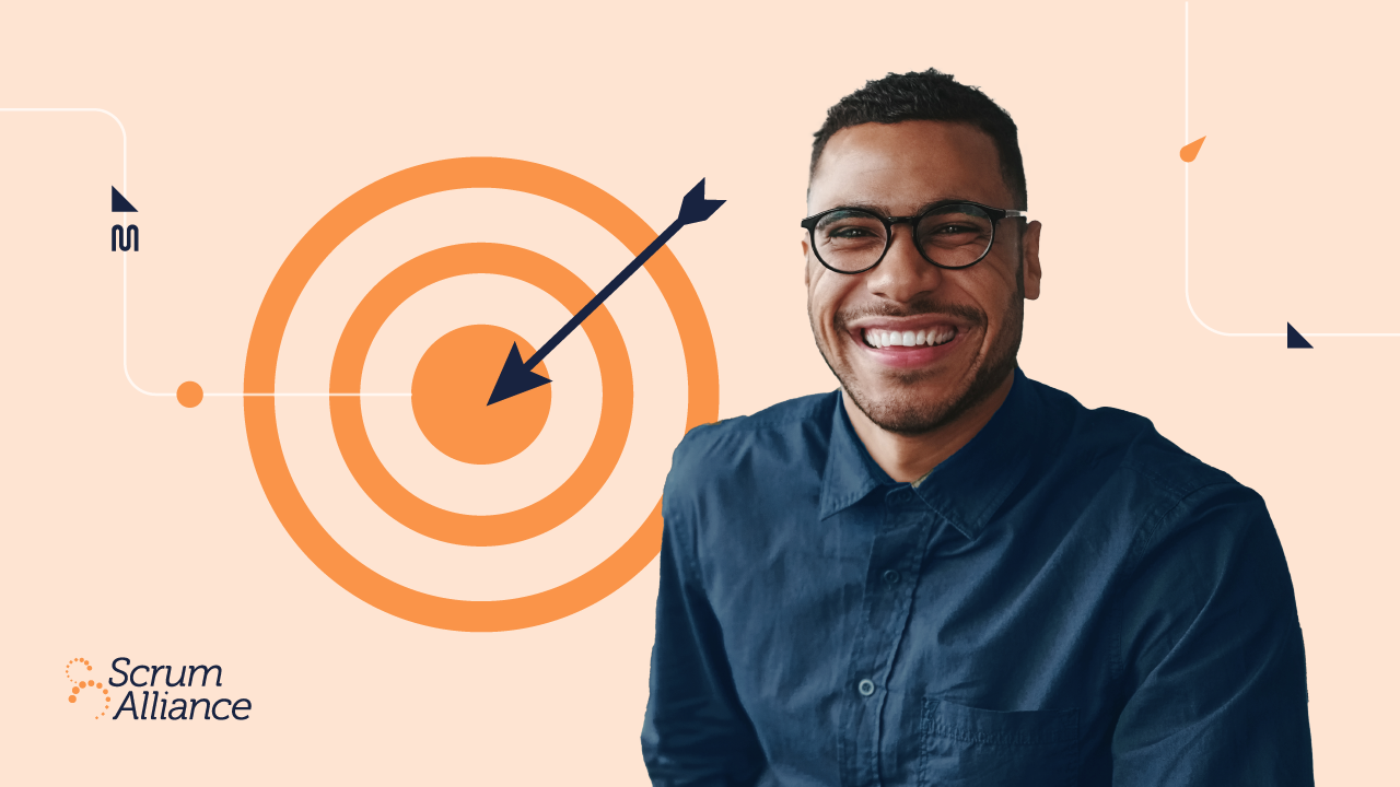 A Scrum Alliance graphic showing the concept of hitting a bullseye and there is an image of a smiling businessperson in the foreground